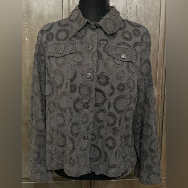 Ruby Rd. Black Sheer Button Down Blouse With Circular Pattern - Size Medium